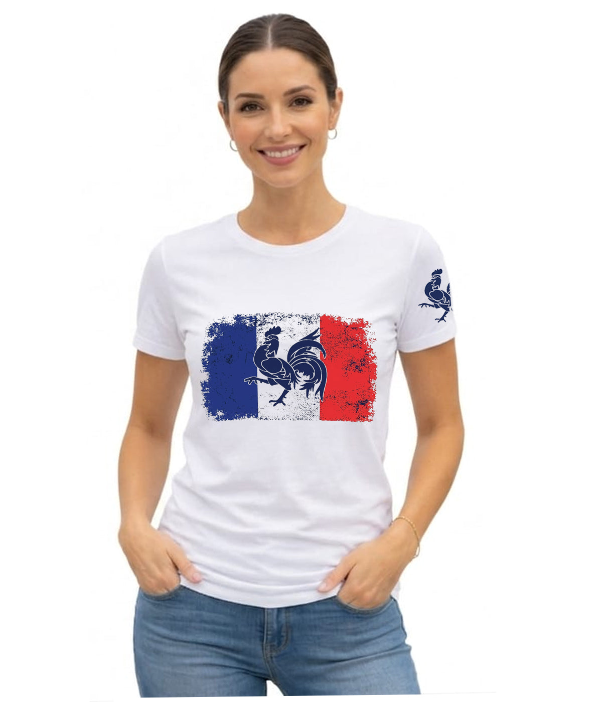 France flag and vintage rooster graphic t-shirt for women