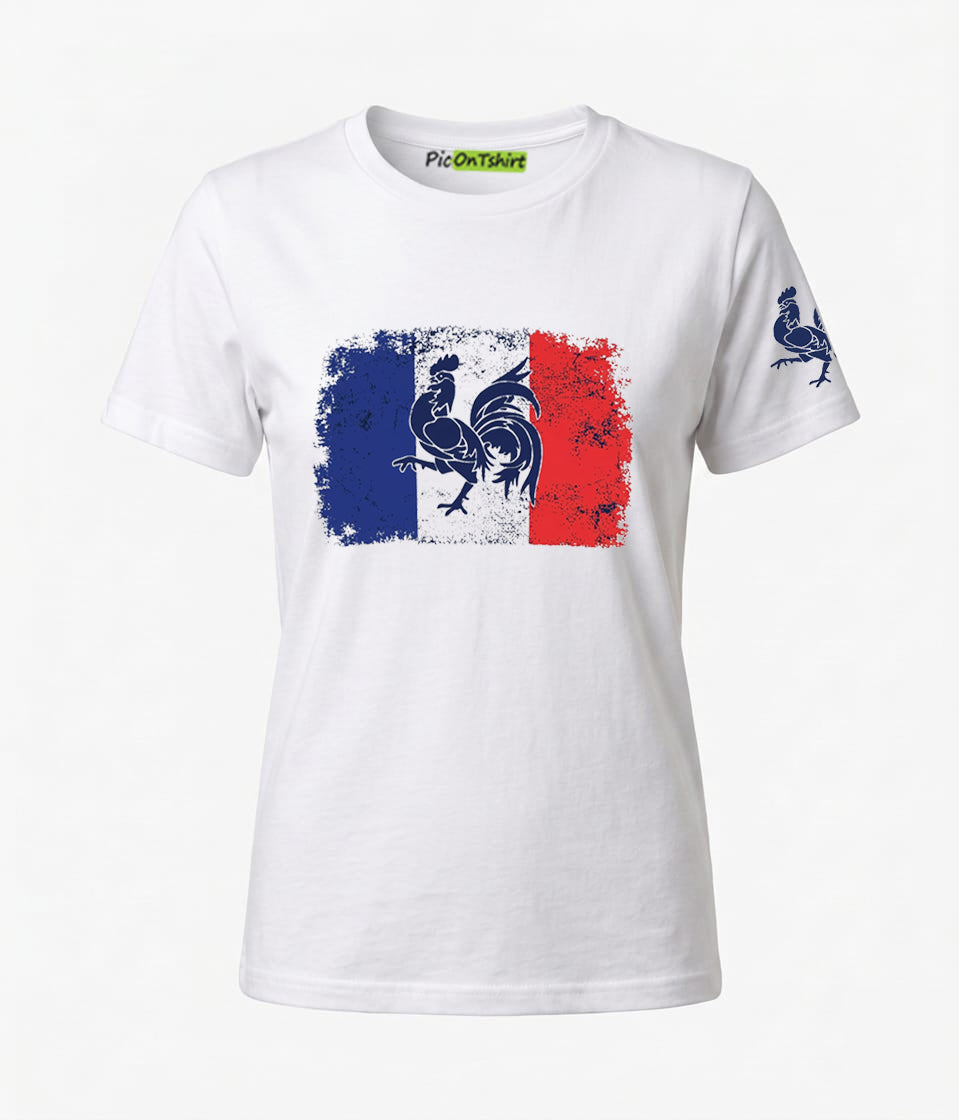 France flag and vintage rooster graphic t-shirt for women 2