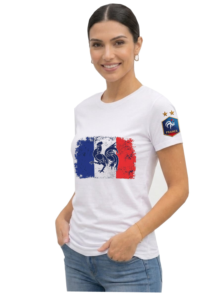 France flag t-shirt with 2 star FFF crest on sleeve for women 