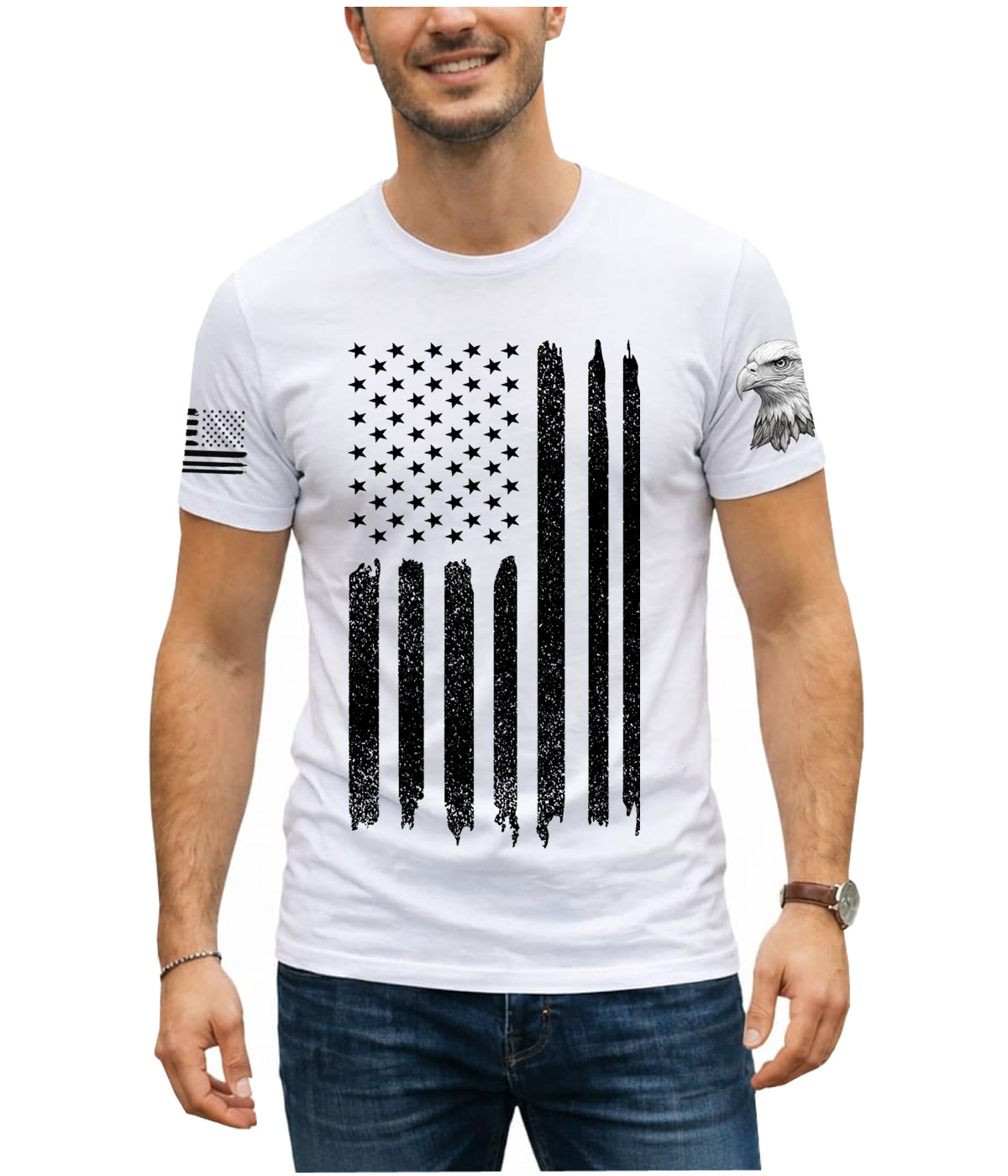 White American flag and 3D eagle sleeve t-shirt for men