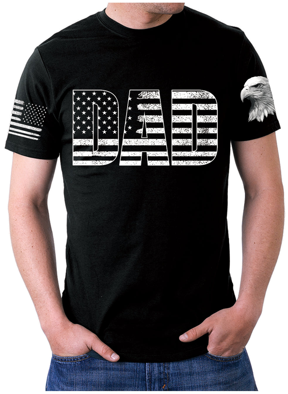 black Military Dad American flag and 3D eagle sleeve t-shirt 2