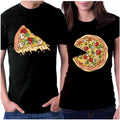 matching couple t-shirts with pizza pie and missing pizza slice graphics