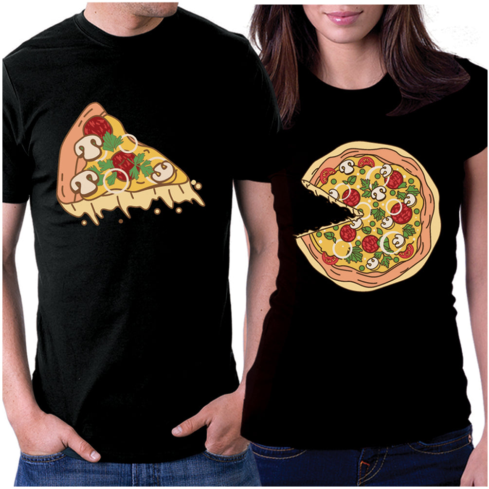 matching couple t-shirts with pizza pie and missing pizza slice graphics