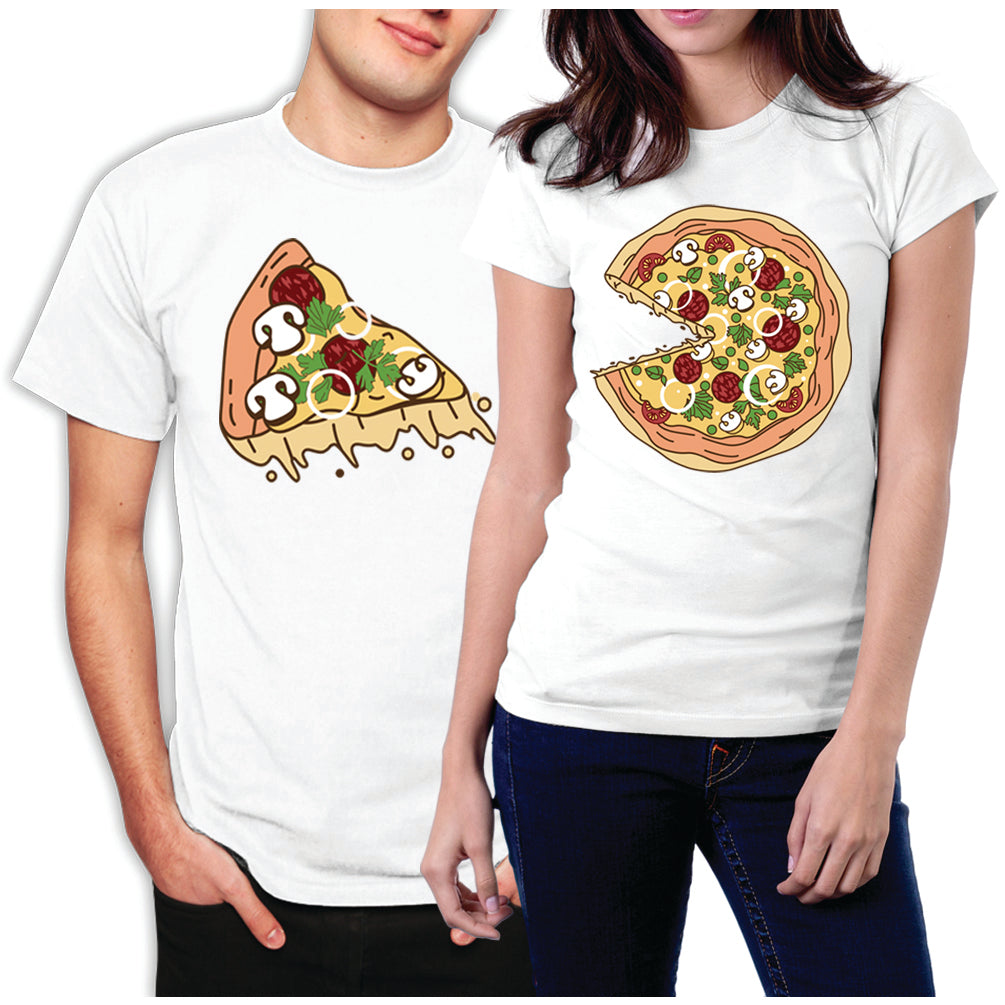 matching couple t-shirts with pizza pie and missing pizza slice graphics 2