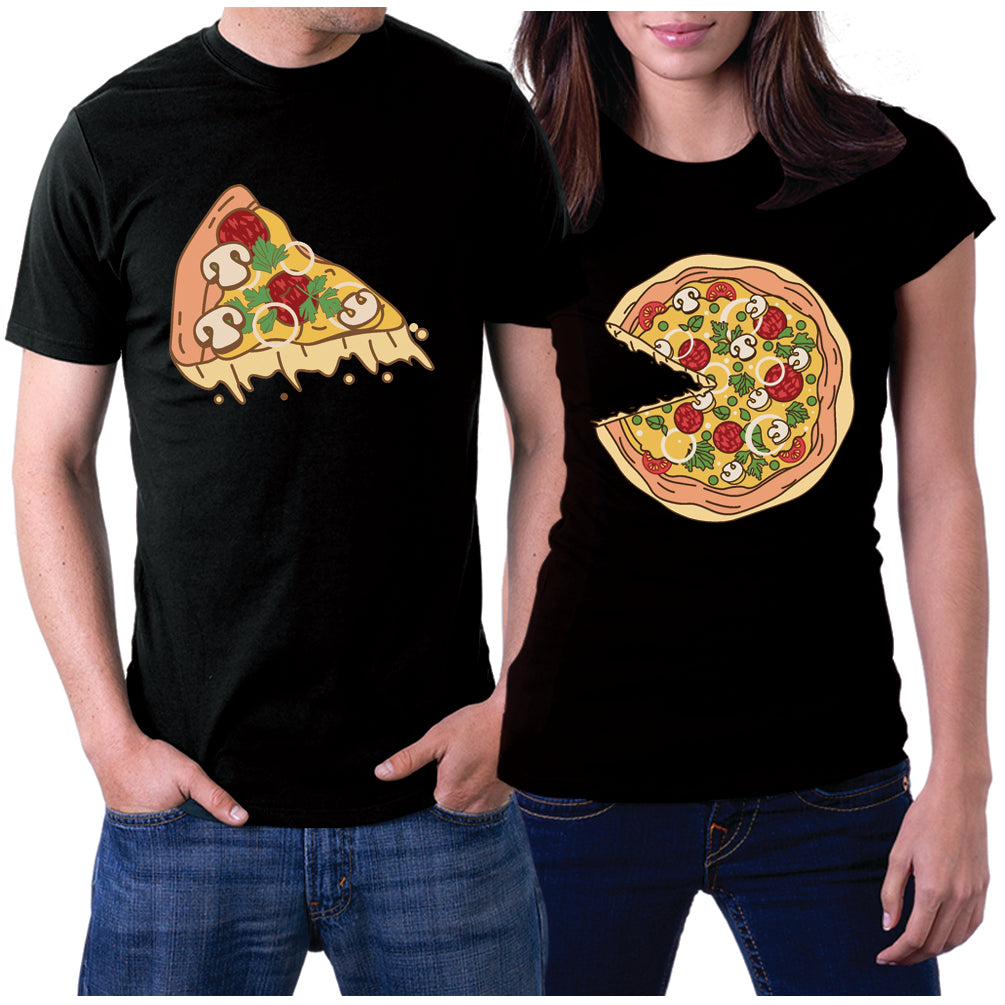matching couple t-shirts with pizza pie and missing pizza slice graphics 3