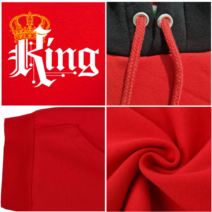 Matching King Queen Two-Tone 100% Combed Cotton Heavyweight Men's Hoodie — Red & Black Couple Pullover
