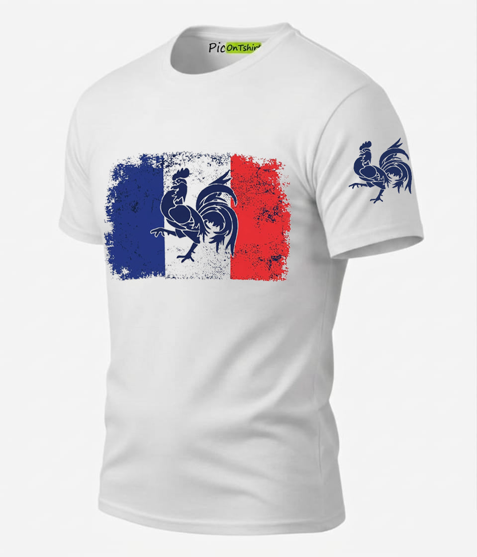 white France flag and vintage rooster graphic t-shirt for men