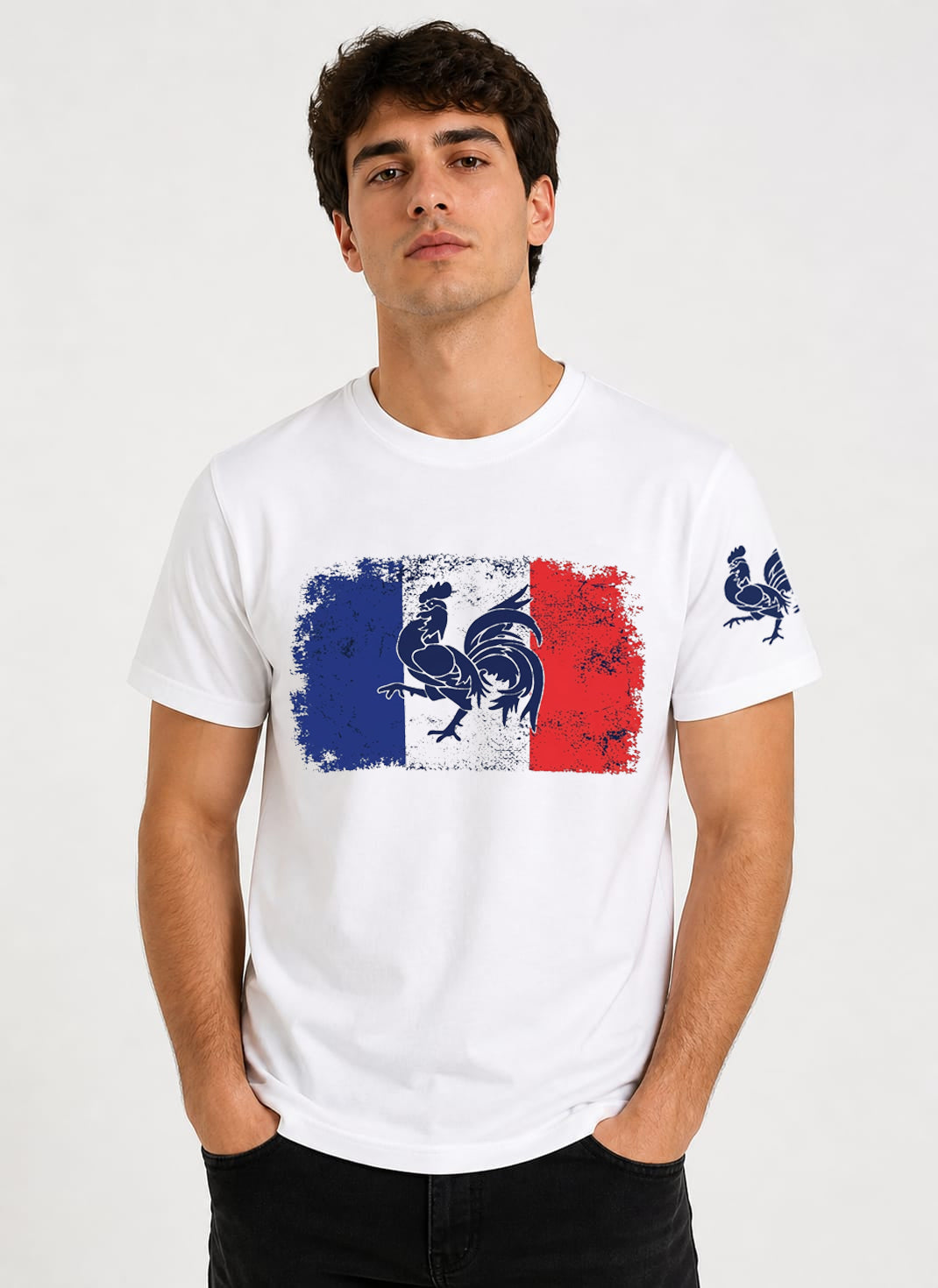 white France flag and vintage rooster graphic t-shirt for men 3
